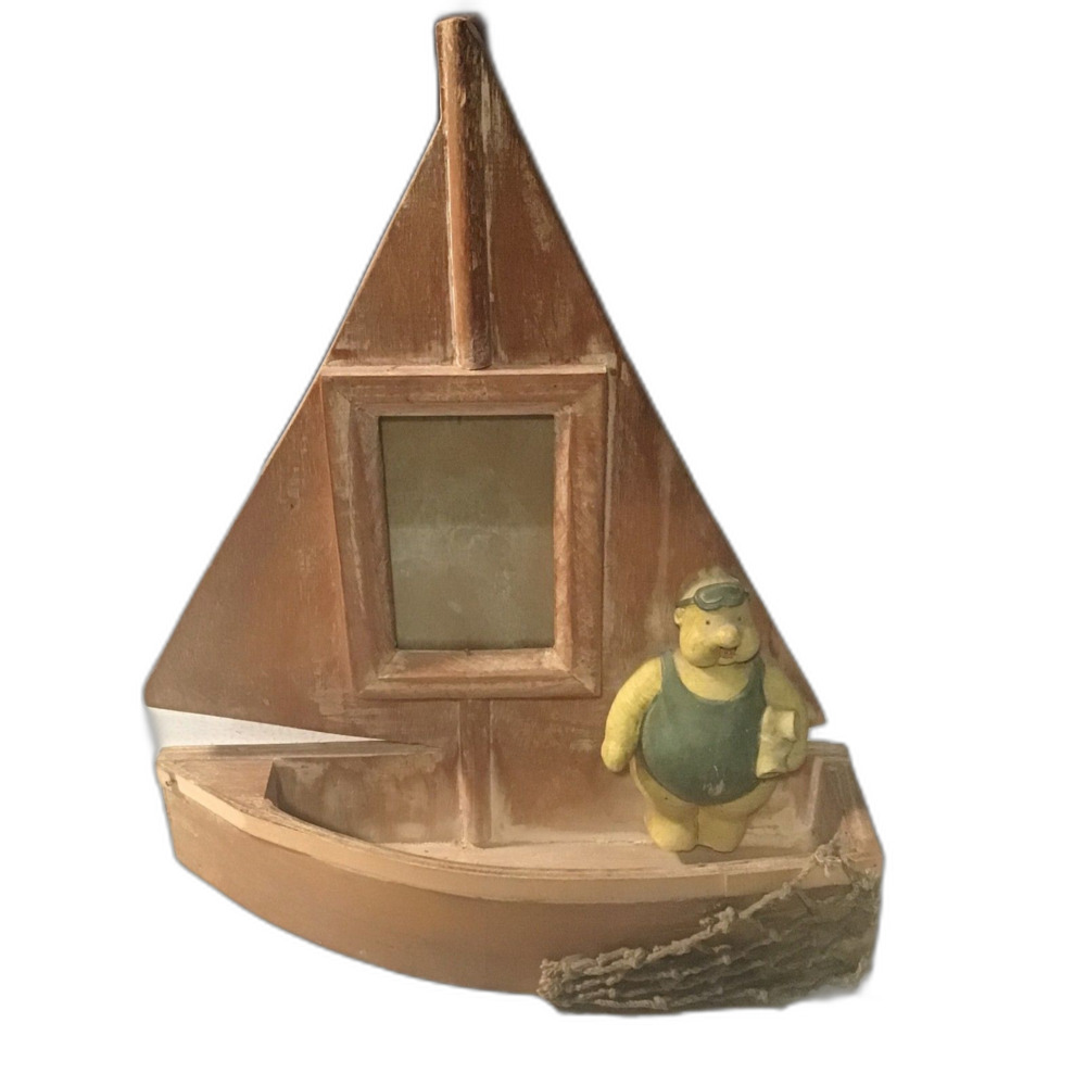 Vintage David Frykman Style Rustic Wood Sailboat Picture Frame with Fisherman